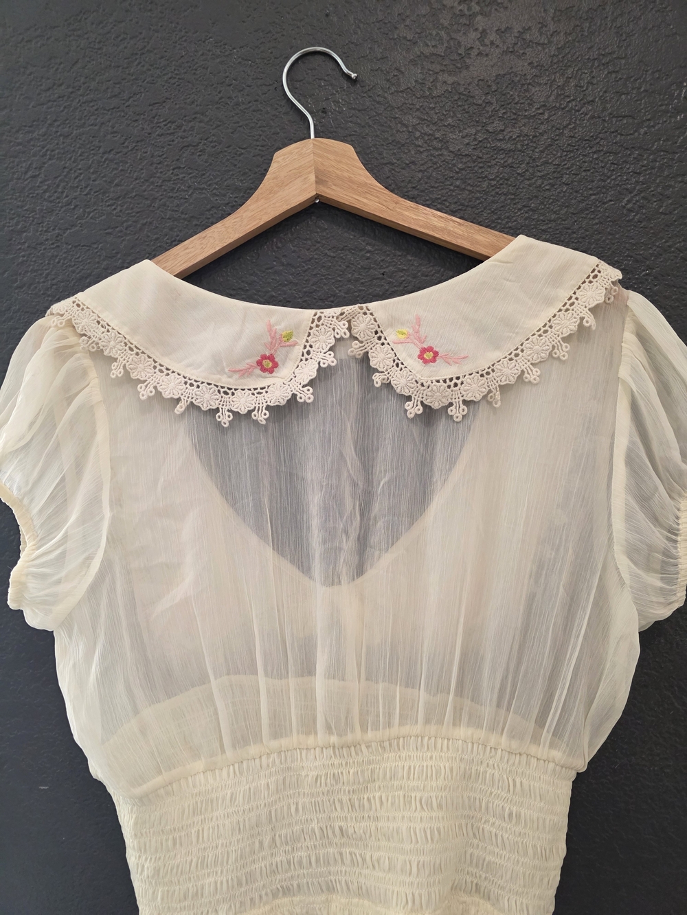 Kimchi Blue Ivory Sheer Peasant Blouse with Pink Floral Embroidery - Picture 3 of 4